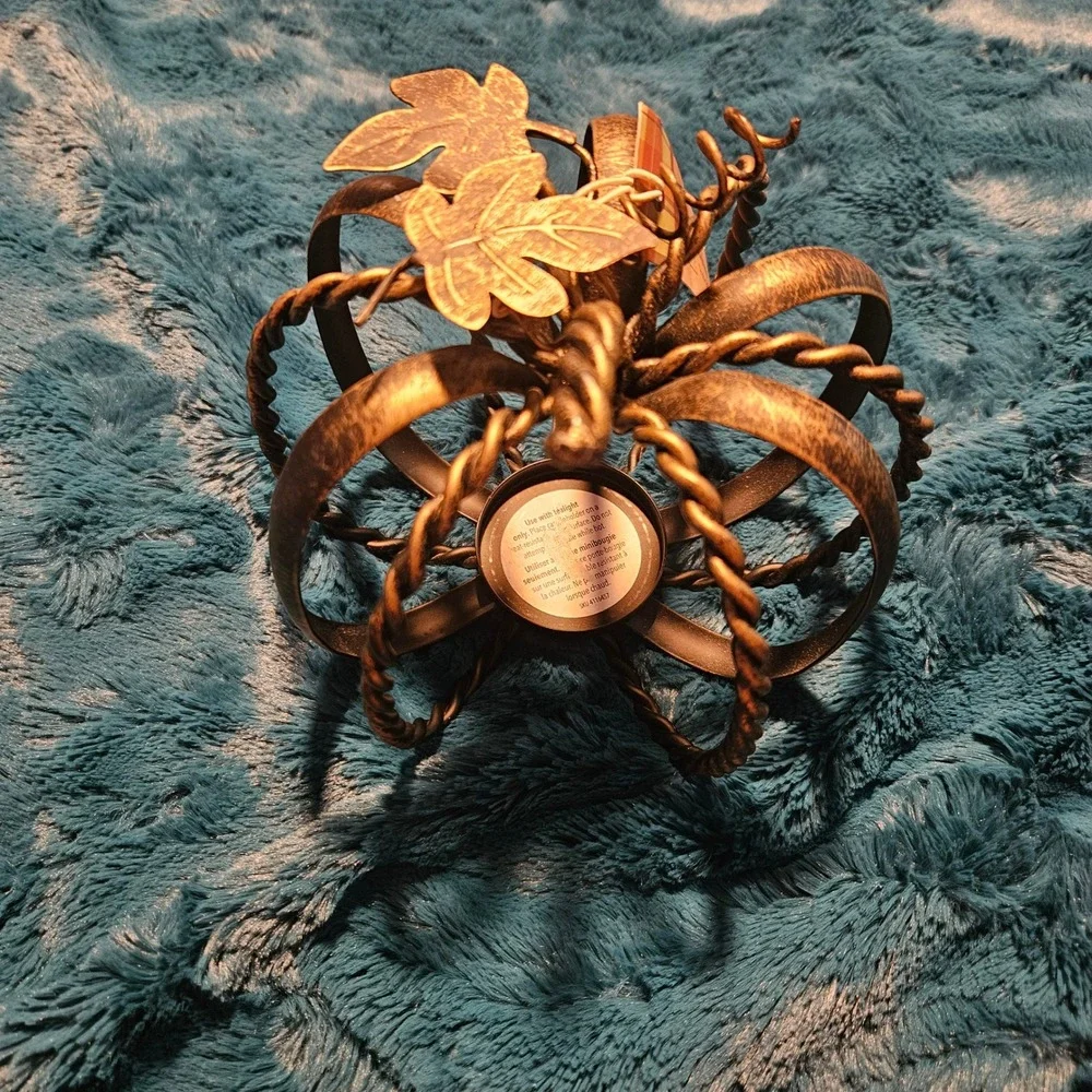 Pier 1 Imports Pumpkin Tealight Candle Holder Bronze Metal Fall Halloween Decor‎